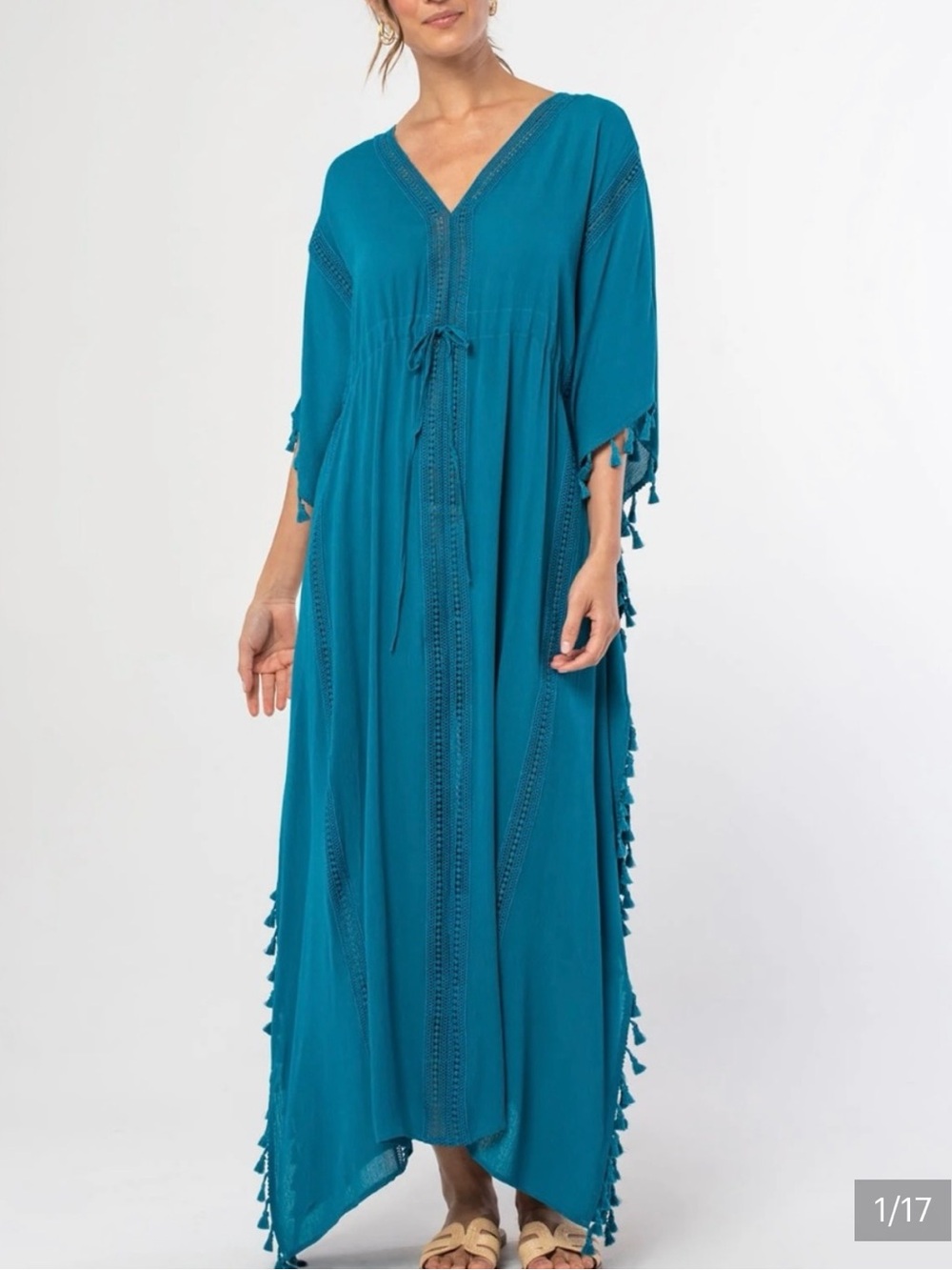 lovestitch Teal Kaftan Blue Tassels Caftan Maxi Dress v-neck - tie waist M/L